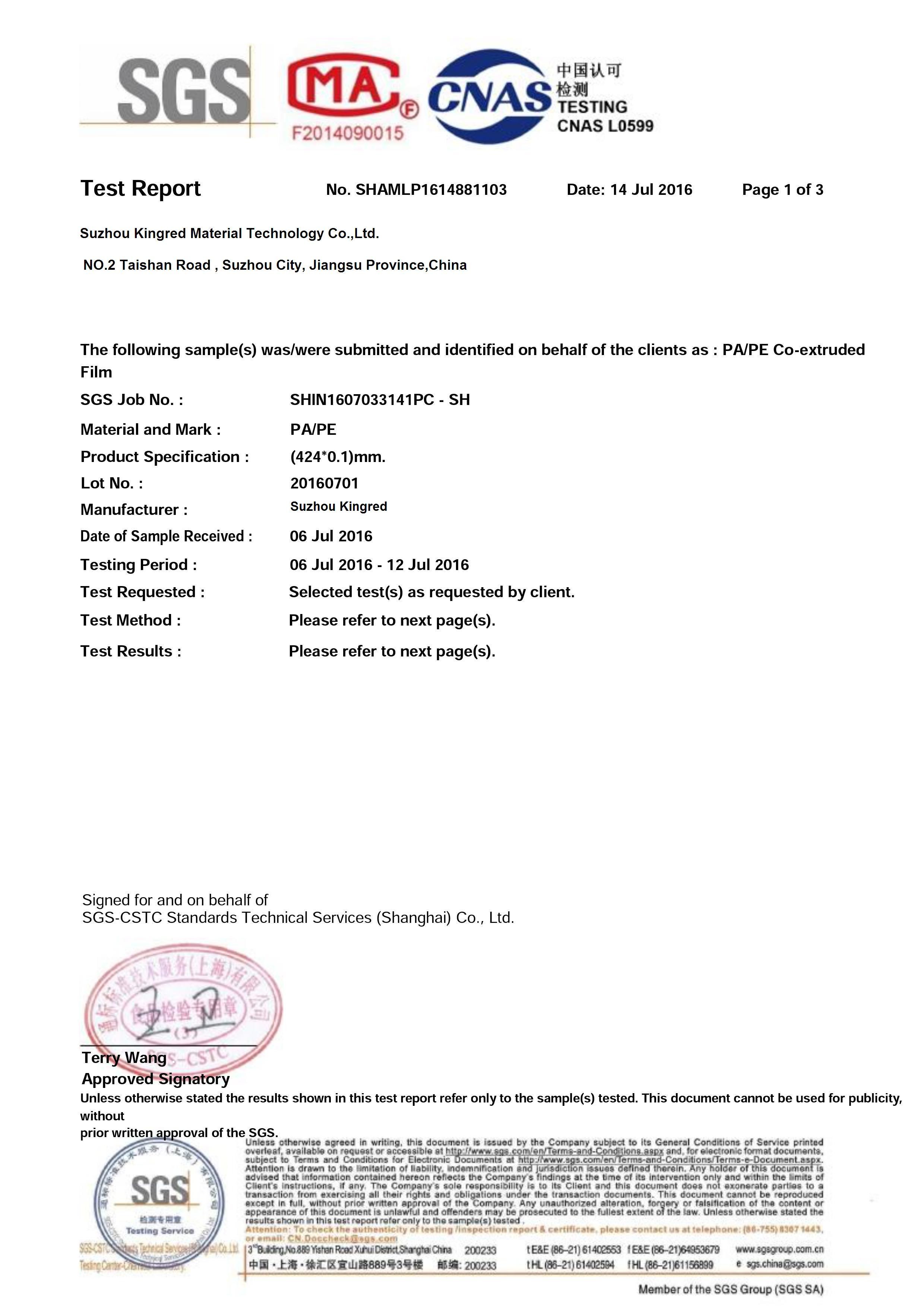 China Suzhou Kingred Material Technology Co.,Ltd. Certificaten